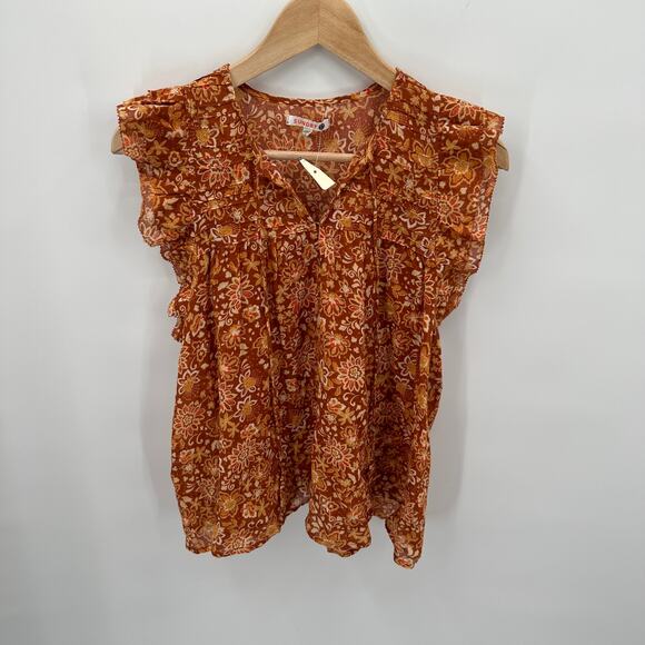 SUNDRY NWT Evereve Sienna Rust Floral Flutter Sleeve Blouse // Small - Picture 5 of 13
